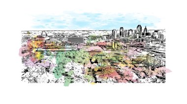 Saint Paul 'un simgesi olan Print Building View Minnesota' da bulunmaktadır. Vektörde elle çizilmiş resim ile suluboya sıçraması.