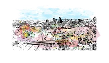 Saint Paul 'un simgesi olan Print Building View Minnesota' da bulunmaktadır. Vektörde elle çizilmiş resim ile suluboya sıçraması.