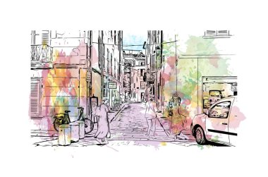 Saint Tropez, Fransa 'da yer alan bir şehirdir. Vektörde elle çizilmiş resim ile suluboya sıçraması.