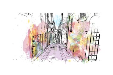 Saint Tropez, Fransa 'da yer alan bir şehirdir. Vektörde elle çizilmiş resim ile suluboya sıçraması.