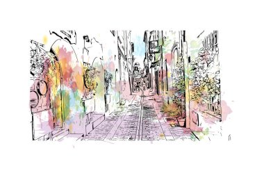 Saint Tropez, Fransa 'da yer alan bir şehirdir. Vektörde elle çizilmiş resim ile suluboya sıçraması.