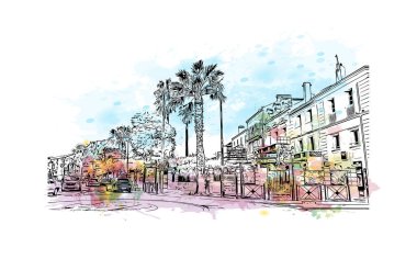 Print Building view with landmark of Sainte Maxime is the commune in France. Vektörde elle çizilmiş resim ile suluboya sıçraması.