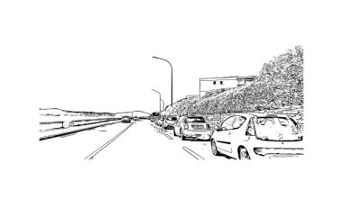 Print Building view with landmark of Sainte Maxime is the commune in France. Vektörde elle çizilmiş çizim çizimi.