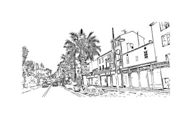 Print Building view with landmark of Sainte Maxime is the commune in France. Vektörde elle çizilmiş çizim çizimi.