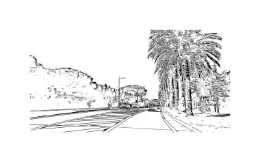 Print Building view with landmark of Sainte Maxime is the commune in France. Vektörde elle çizilmiş çizim çizimi.