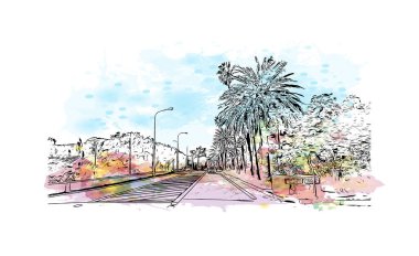 Print Building view with landmark of Sainte Maxime is the commune in France. Vektörde elle çizilmiş resim ile suluboya sıçraması.