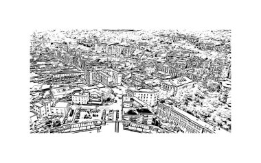 Print Building view with landmark of Salerno İtalya 'da bir liman kentidir. Vektörde elle çizilmiş resim ile suluboya sıçraması.