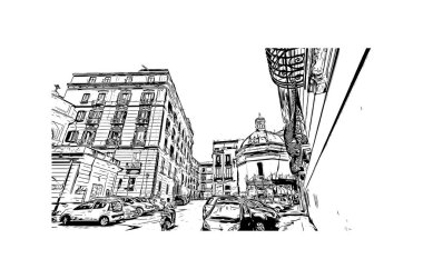 Print Building view with landmark of Salerno İtalya 'da bir liman kentidir. Vektörde elle çizilmiş resim ile suluboya sıçraması.