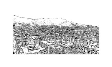 Print Building view with landmark of Salerno İtalya 'da bir liman kentidir. Vektörde elle çizilmiş resim ile suluboya sıçraması.
