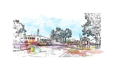 Salinas 'ın simgesi olan Print Building View Kaliforniya' da bulunmaktadır. Vektörde elle çizilmiş resim ile suluboya sıçraması.