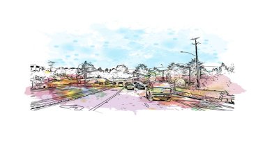 Salinas 'ın simgesi olan Print Building View Kaliforniya' da bulunmaktadır. Vektörde elle çizilmiş resim ile suluboya sıçraması.