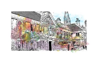 Salisbury 'nin simgesi olan Print Building Manzarası İngiltere' de bir şehirdir. Vektörde elle çizilmiş resim ile suluboya sıçraması.