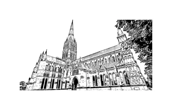 Vytisknout Pohled Budovu Orientačním Bodem Salisbury Město Anglii Ručně Kreslená — Stockový vektor