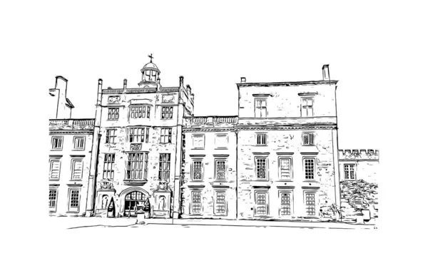 Imprimir Vista Del Edificio Con Hito Salisbury Ciudad Inglaterra Dibujo — Vector de stock