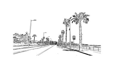 Salou, İspanya 'nın güneybatısında bulunan bir şehirdir. Vektörde elle çizilmiş çizim çizimi.