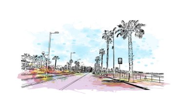 Salou, İspanya 'nın güneybatısında bulunan bir şehirdir. Vektörde elle çizilmiş resim ile suluboya sıçraması.