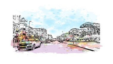 Salou, İspanya 'nın güneybatısında bulunan bir şehirdir. Vektörde elle çizilmiş resim ile suluboya sıçraması.