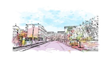 Salou, İspanya 'nın güneybatısında bulunan bir şehirdir. Vektörde elle çizilmiş resim ile suluboya sıçraması.