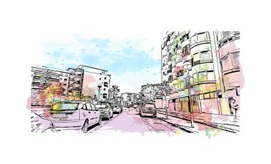 Salou, İspanya 'nın güneybatısında bulunan bir şehirdir. Vektörde elle çizilmiş resim ile suluboya sıçraması.