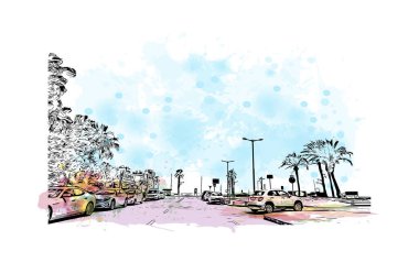 Salou, İspanya 'nın güneybatısında bulunan bir şehirdir. Vektörde elle çizilmiş resim ile suluboya sıçraması.