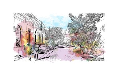 Print Building view, Arjantin 'in kuzeybatısında yer alan bir ilçe başkentidir. Vektörde elle çizilmiş resim ile suluboya sıçraması.