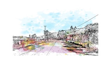 Print Building view, Arjantin 'in kuzeybatısında yer alan bir ilçe başkentidir. Vektörde elle çizilmiş resim ile suluboya sıçraması.