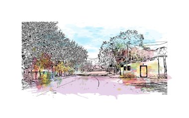 Print Building view, Arjantin 'in kuzeybatısında yer alan bir ilçe başkentidir. Vektörde elle çizilmiş resim ile suluboya sıçraması.