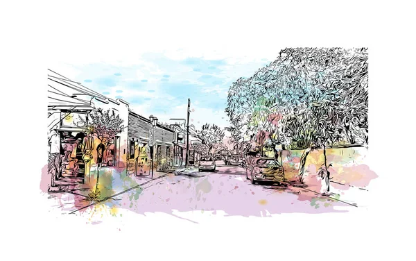 Print Building view, Arjantin 'in kuzeybatısında yer alan bir ilçe başkentidir. Vektörde elle çizilmiş resim ile suluboya sıçraması.