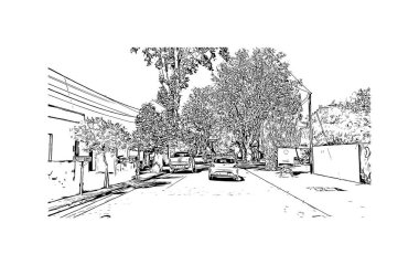 Print Building view, Arjantin 'in kuzeybatısında yer alan bir ilçe başkentidir. Vektörde elle çizilmiş çizim çizimi.