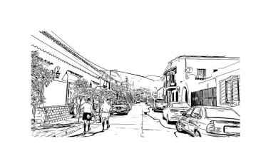 Print Building view, Arjantin 'in kuzeybatısında yer alan bir ilçe başkentidir. Vektörde elle çizilmiş çizim çizimi.