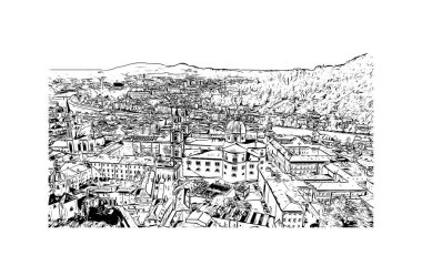 Print Building view with landmark of Salzburg is the city in Austria. Vektörde elle çizilmiş çizim çizimi.