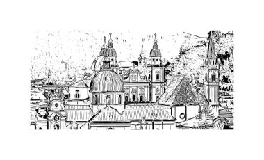 Print Building view with landmark of Salzburg is the city in Austria. Vektörde elle çizilmiş çizim çizimi.