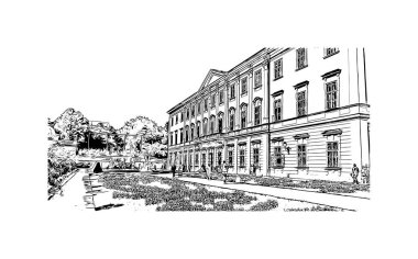 Print Building view with landmark of Salzburg is the city in Austria. Vektörde elle çizilmiş çizim çizimi.