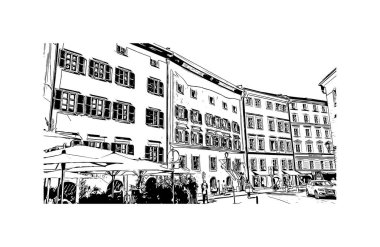 Print Building view with landmark of Salzburg is the city in Austria. Vektörde elle çizilmiş çizim çizimi.