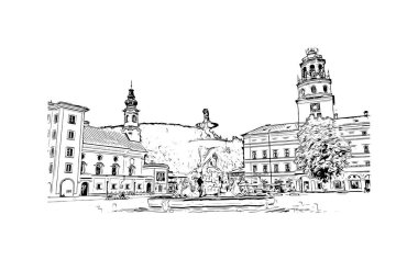 Print Building view with landmark of Salzburg is the city in Austria. Vektörde elle çizilmiş çizim çizimi.