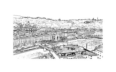 Print Building view with landmark of Salzburg is the city in Austria. Vektörde elle çizilmiş çizim çizimi.