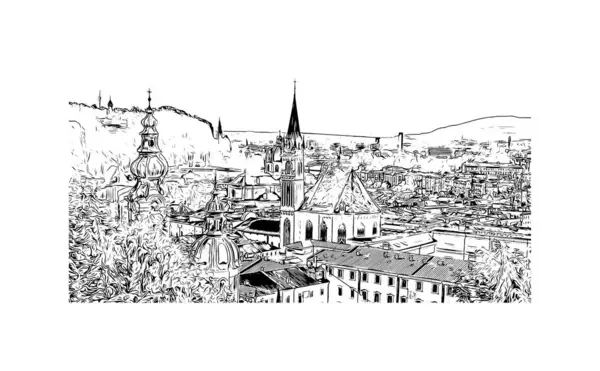Drukuj Widok Budynku Zabytkiem Salzburga Jest Miasto Austrii Ręcznie Rysowany — Wektor stockowy