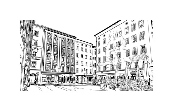 Imprimir Vista Para Edifício Com Marco Salzburgo Cidade Áustria Desenho — Vetor de Stock
