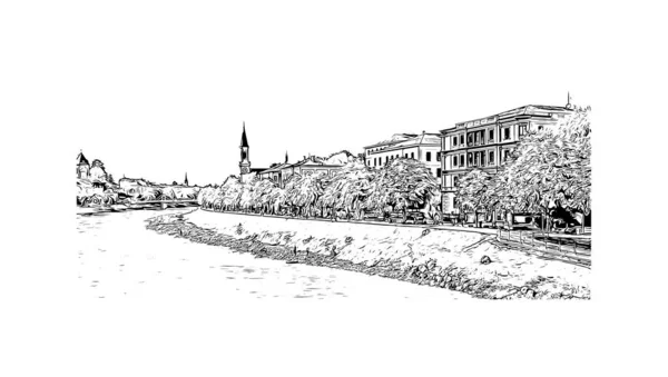 Imprimir Vista Del Edificio Con Hito Salzburgo Ciudad Austria Dibujo — Vector de stock
