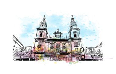 Print Building view with landmark of Salzburg is the city in Austria. Vektörde elle çizilmiş resim ile suluboya sıçraması.