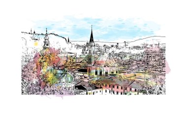 Print Building view with landmark of Salzburg is the city in Austria. Vektörde elle çizilmiş resim ile suluboya sıçraması.