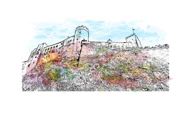 Print Building view with landmark of Salzburg is the city in Austria. Vektörde elle çizilmiş resim ile suluboya sıçraması.