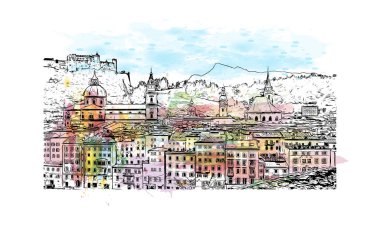 Print Building view with landmark of Salzburg is the city in Austria. Vektörde elle çizilmiş resim ile suluboya sıçraması.