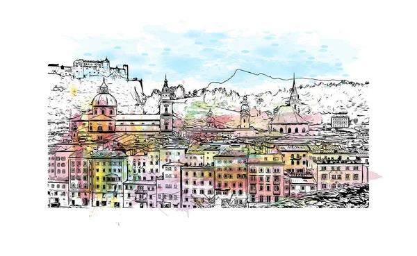 Print Building View Landmark Salzburg Ausztria Városa Akvarell Splash Kézzel — Stock Vector