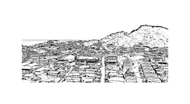 San Fernando 'nun simgesi olan Print Building View Kaliforniya' da bulunmaktadır. Vektörde elle çizilmiş çizim çizimi.