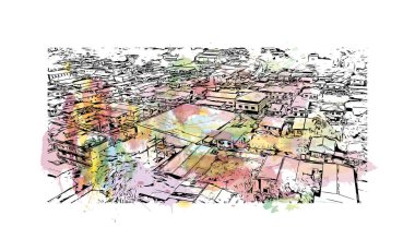 San Fernando 'nun simgesi olan Print Building View Kaliforniya' da bulunmaktadır. Vektörde elle çizilmiş resim ile suluboya sıçraması.