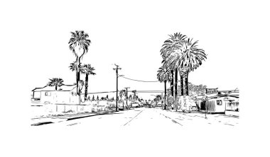 San Bernardino, Kaliforniya 'da yer alan bir şehirdir. Vektörde elle çizilmiş çizim çizimi.
