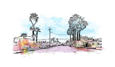 San Bernardino, Kaliforniya 'da yer alan bir şehirdir. Vektörde elle çizilmiş resim ile suluboya sıçraması.