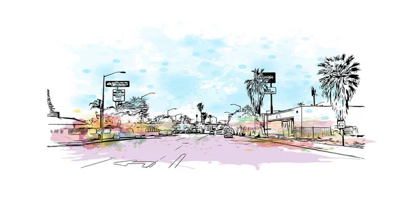 Print Byggnadsvy Med Landmärke San Bernardino Staden Kalifornien Akvarell Stänk — Stock vektor