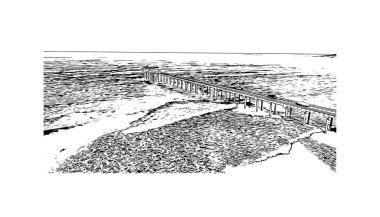 San Diego 'nun simgesi olan Print Building View Kaliforniya' da bulunmaktadır. Vektörde elle çizilmiş çizim çizimi. 